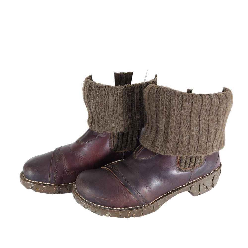 El Naturalista Women's US7 Yggdrasil Brown Leather Knitted Fold Over Cuff Boots